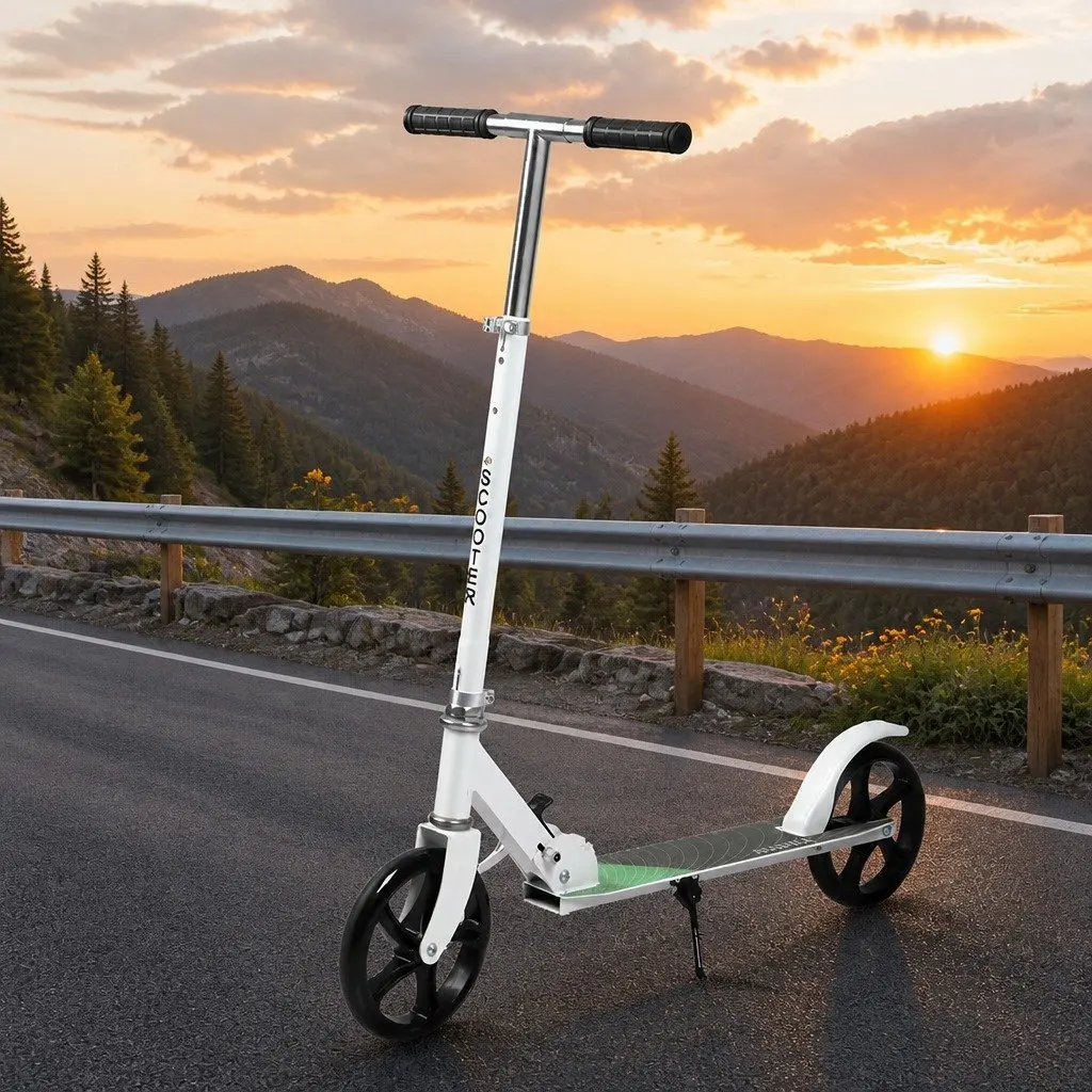 Folding Push Scooter Dual Large Wheels Adjustable Height White