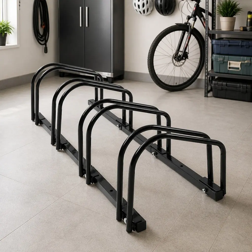 Bike Stand Floor Parking Rack Steel Construction Holds 4 Bikes Upright Black