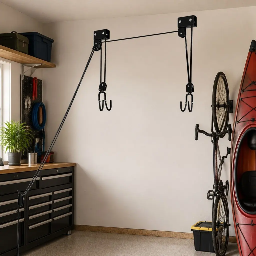 Ceiling Storage Hoist Pulley System 54kg Capacity Nylon for Bikes Kayaks Black