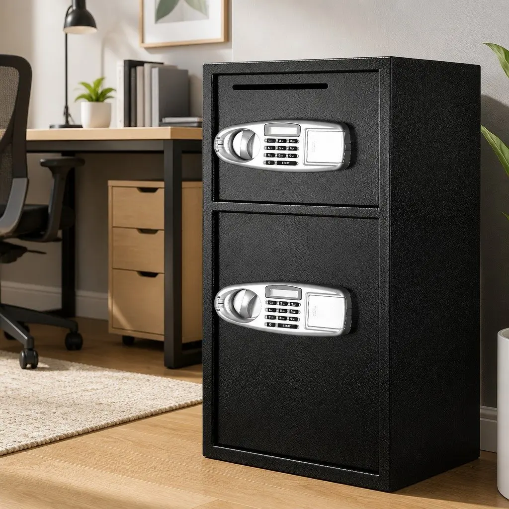 Electronic Digital Security Safe Box Dual Compartment Steel Construction Black