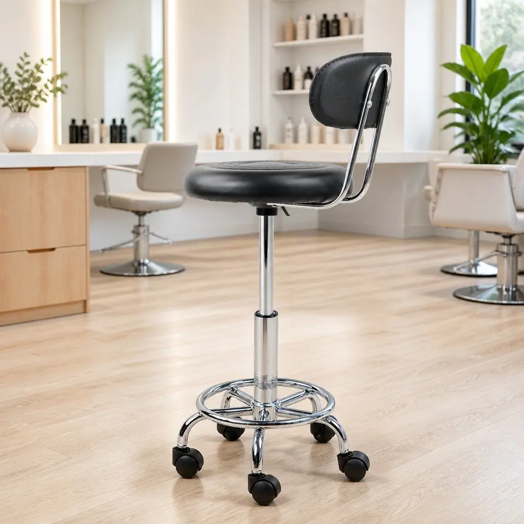 Salon Stool Swivel Chair with Backrest Adjustable Height PU Leather Black