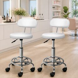 Salon Stool Swivel Chair Backrest Adjustable Height Castor Wheels White x2