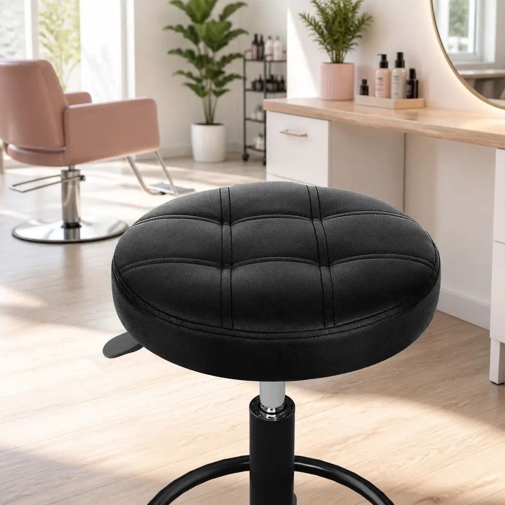 Salon Stool Round Swivel Chair Adjustable Height Black PU Leather with Chrome Base