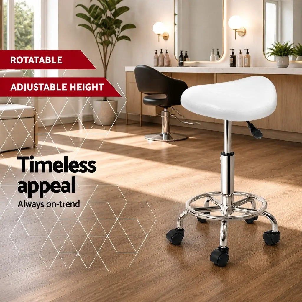 Salon Stool Saddle Seat White Adjustable Height 360 Degree Rotatable Footrest