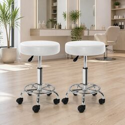 Salon Stool Round Swivel Chair White Adjustable Height Footrest Castor Wheels x2