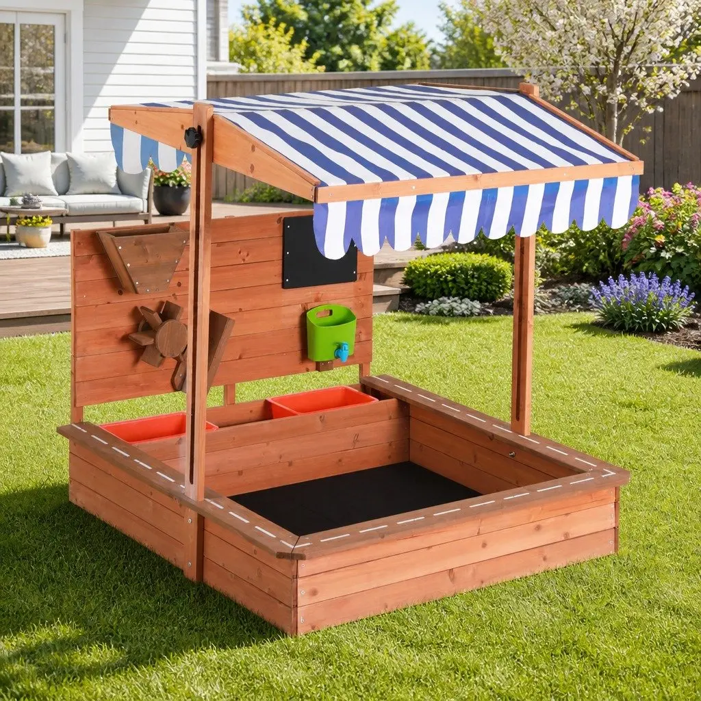 Kids Sandbox Wooden Canopy Sandpit Outdoor Playset Water Resistant Cover Funnel