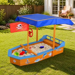 Kids Wooden Boat Sandbox with Canopy Bench Seating Outdoor Sand Pit Play 150cm