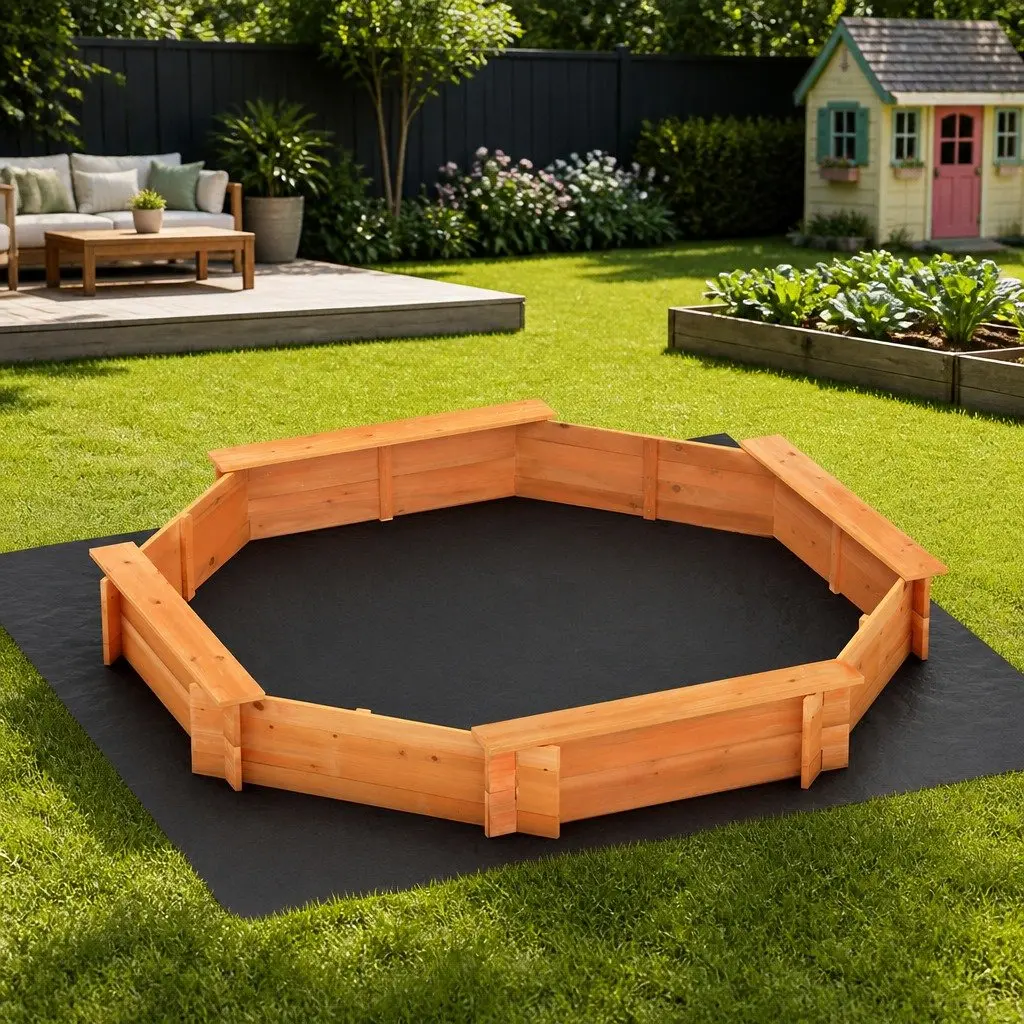 Kids Octagon Sandpit Wooden Sand Pit with Cover Bench Seat Outdoor Play 182cm