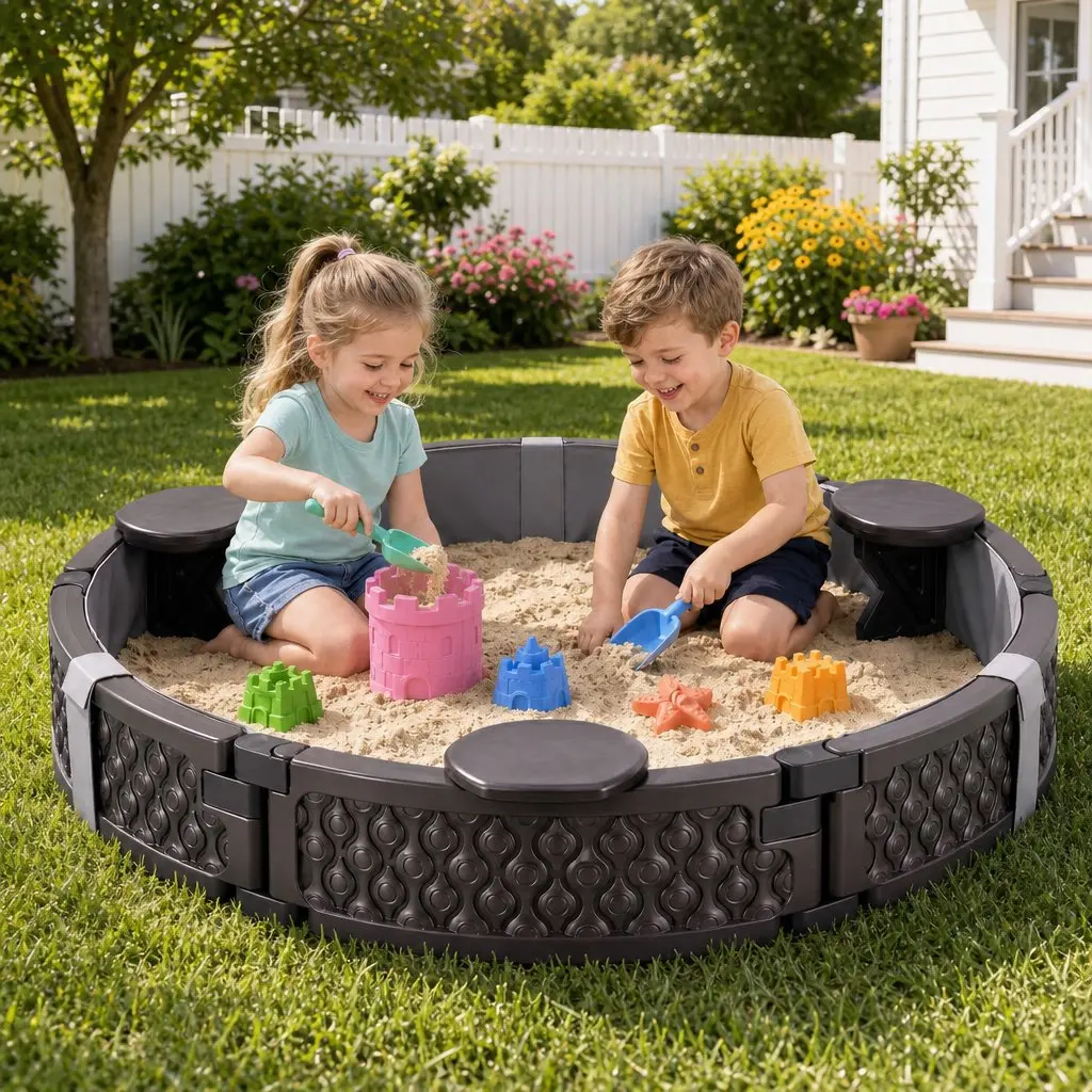 Kids Outdoor Sandbox Round 121cm Sandpit 3 Seats Brown Cover Liner Backyard