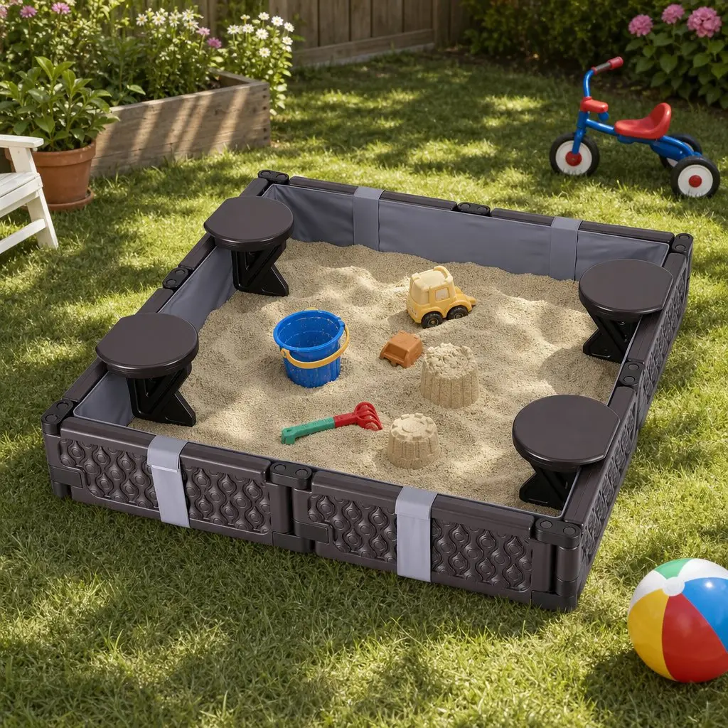 Kids Square Sandbox With 4 Seats Grey Liner Cover Outdoor Sand Box Brown