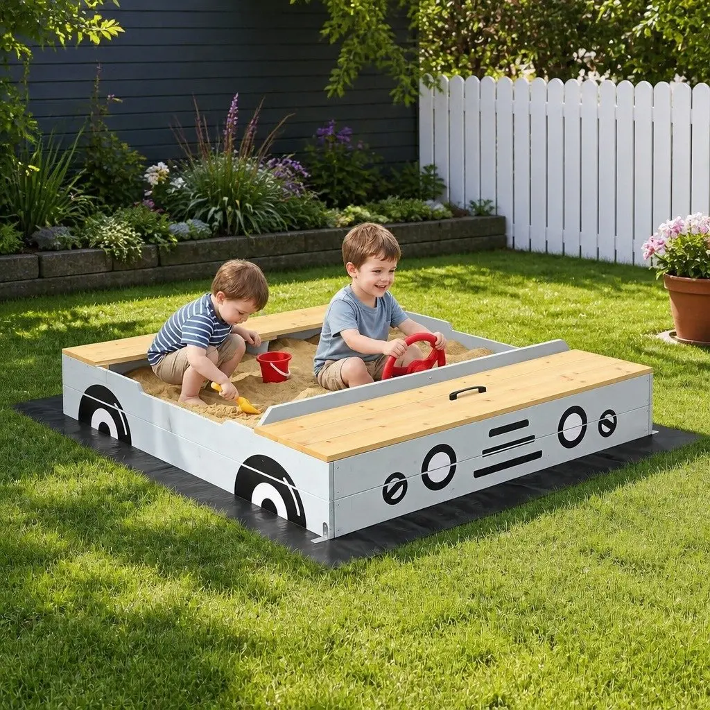Wooden Car Sandbox 120cm Kids Outdoor Sandpit Bench Seats Storage Steering Wheel