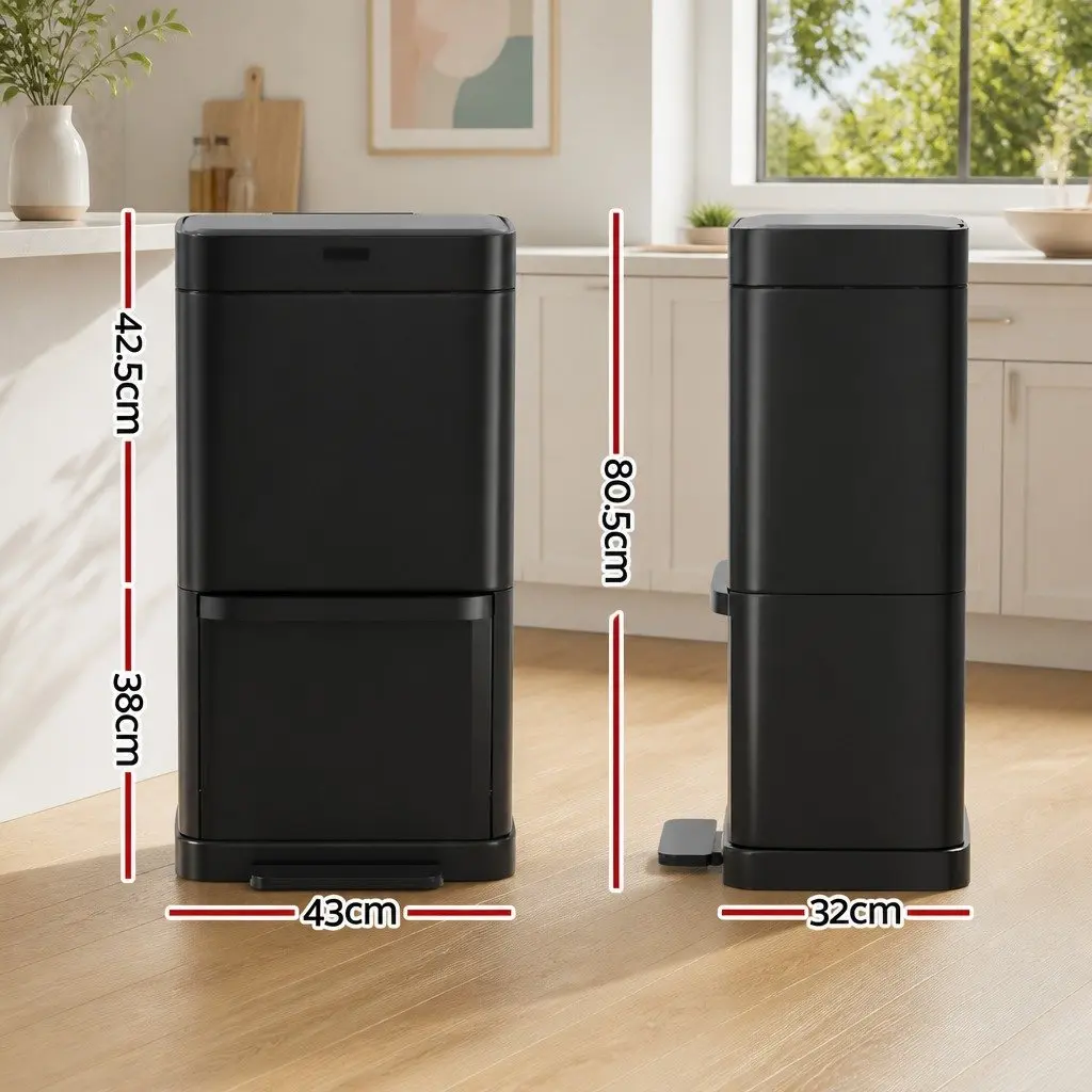 Automatic Motion Sensor Recycling Bin Hands-Free 70L Black Steel