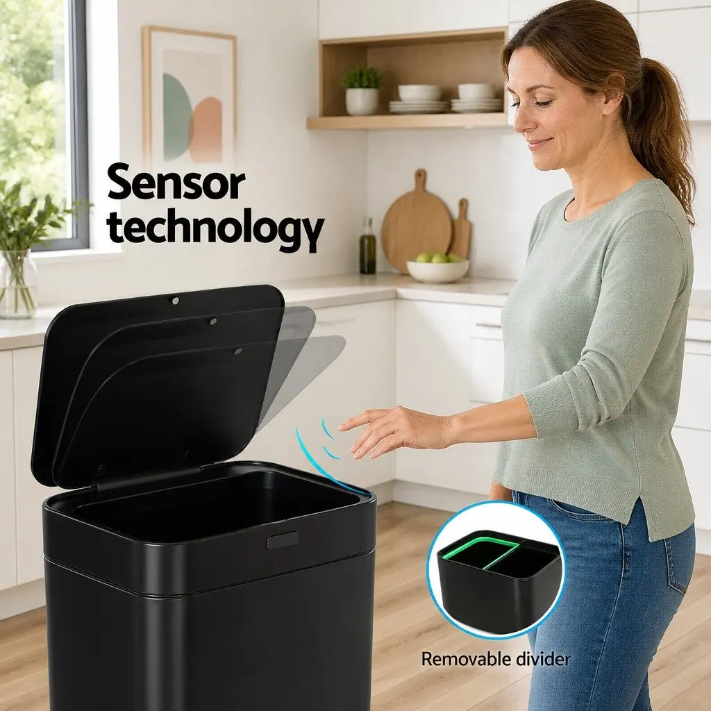Automatic Motion Sensor Recycling Bin Hands-Free 70L Black Steel
