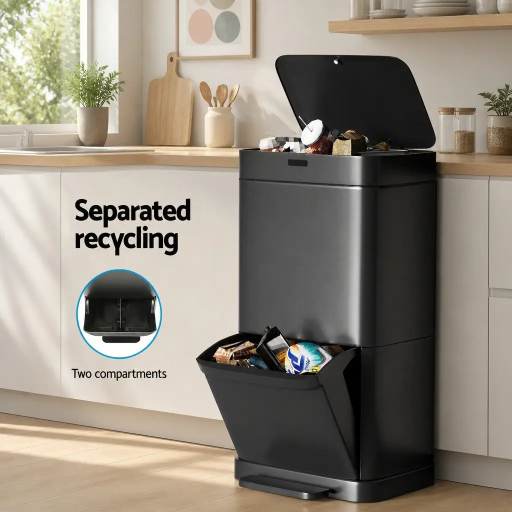 Automatic Motion Sensor Recycling Bin Hands-Free 70L Black Steel