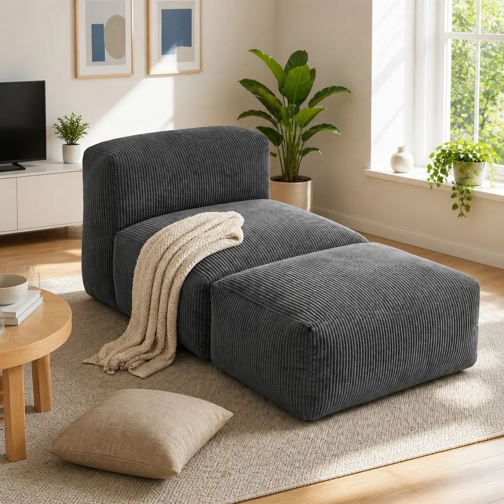 Foldable Bean Bag Sofa Bed Compact Grey Corduroy Lounger Chair