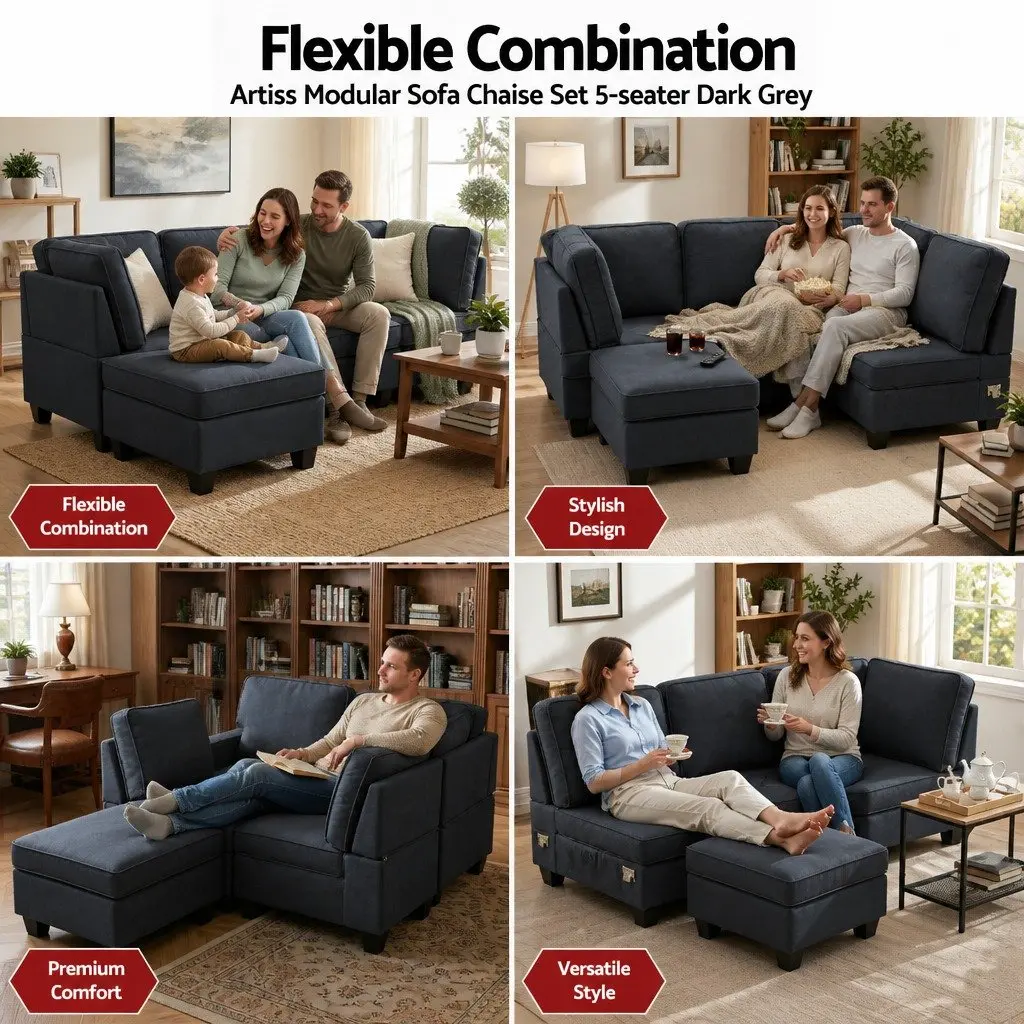 Modular Sofa Chaise Set 5-Seater Dark Grey Reconfigurable Couch
