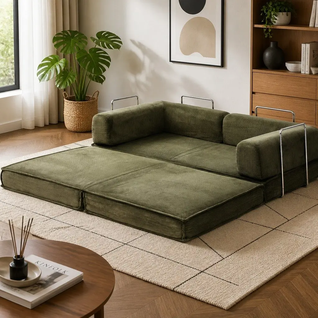 Convertible Sofa Bed 2-Seater Green Corduroy Furniture