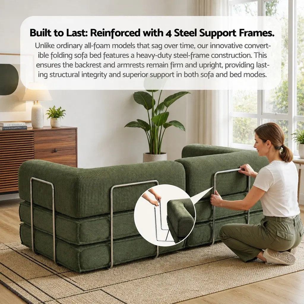 Convertible Sofa Bed 2-Seater Green Corduroy Furniture