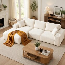 3 Seater Modular Sofa Bed L-Shaped Sectional Living Room Couch White Corduroy