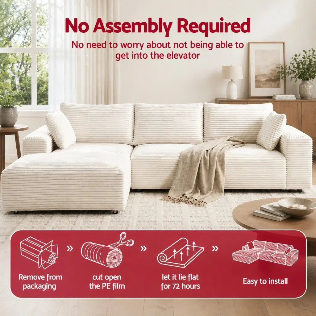 3 Seater Modular Sofa Bed L-Shaped Sectional Living Room Couch White Corduroy