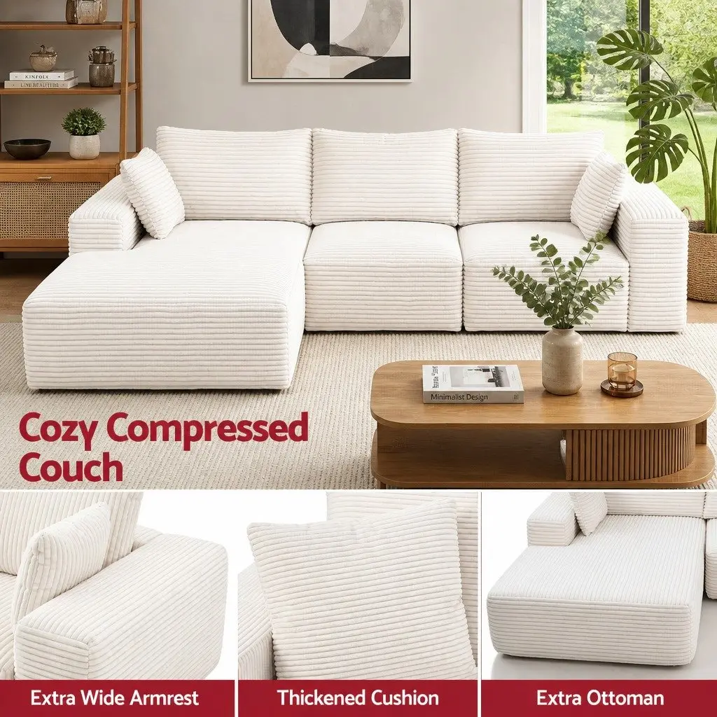 3 Seater Modular Sofa Bed L-Shaped Sectional Living Room Couch White Corduroy