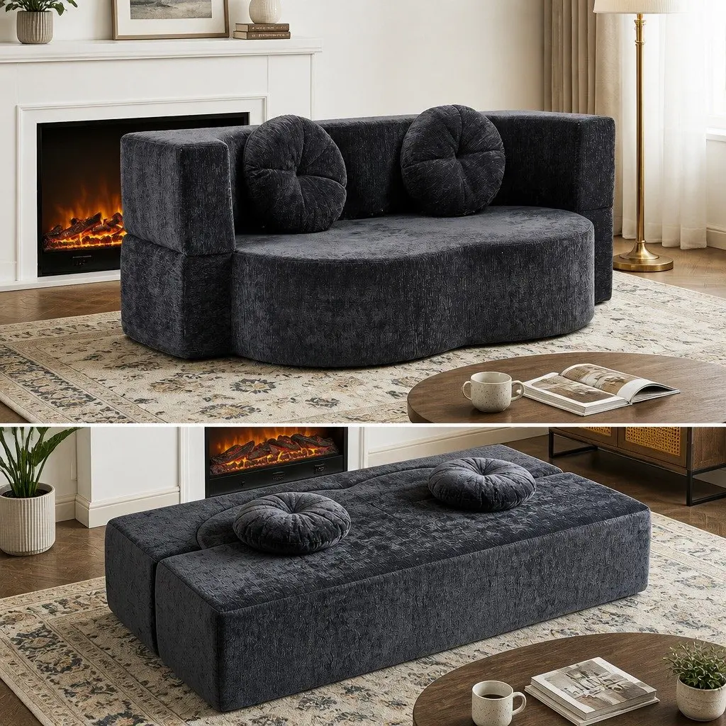 2 in 1 Convertible Sofa Bed Folding Loveseat Sleeper Couch Grey Living Room