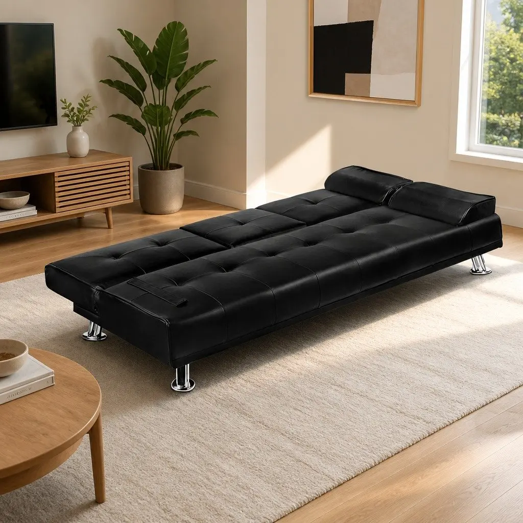 3 Seater Sofa Bed Convertible Recliner Adjustable Backrest Black Faux Leather