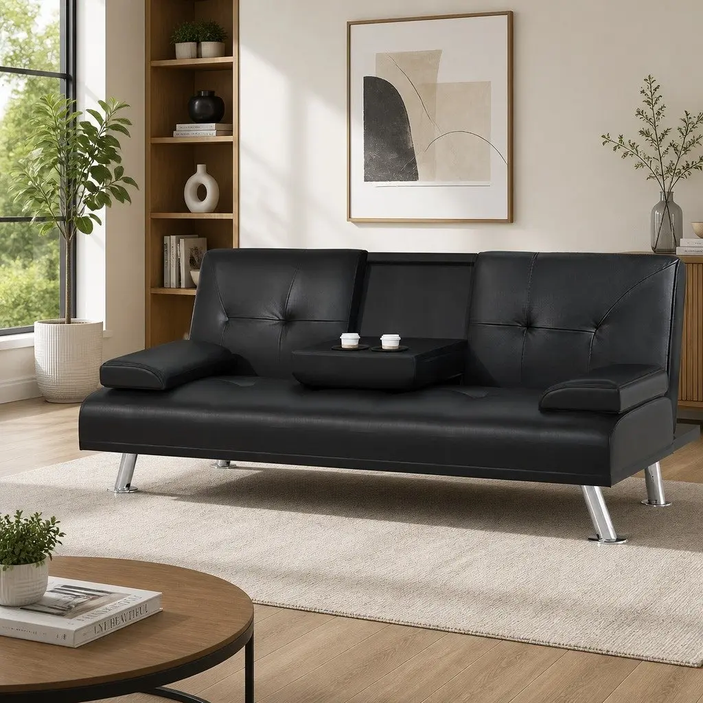 3 Seater Sofa Bed Convertible Recliner Adjustable Backrest Black Faux Leather