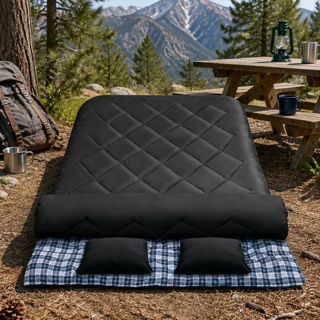 Double Sleeping Bag -10°C Thermal Camping Hiking Two Pillows Grey Convertible