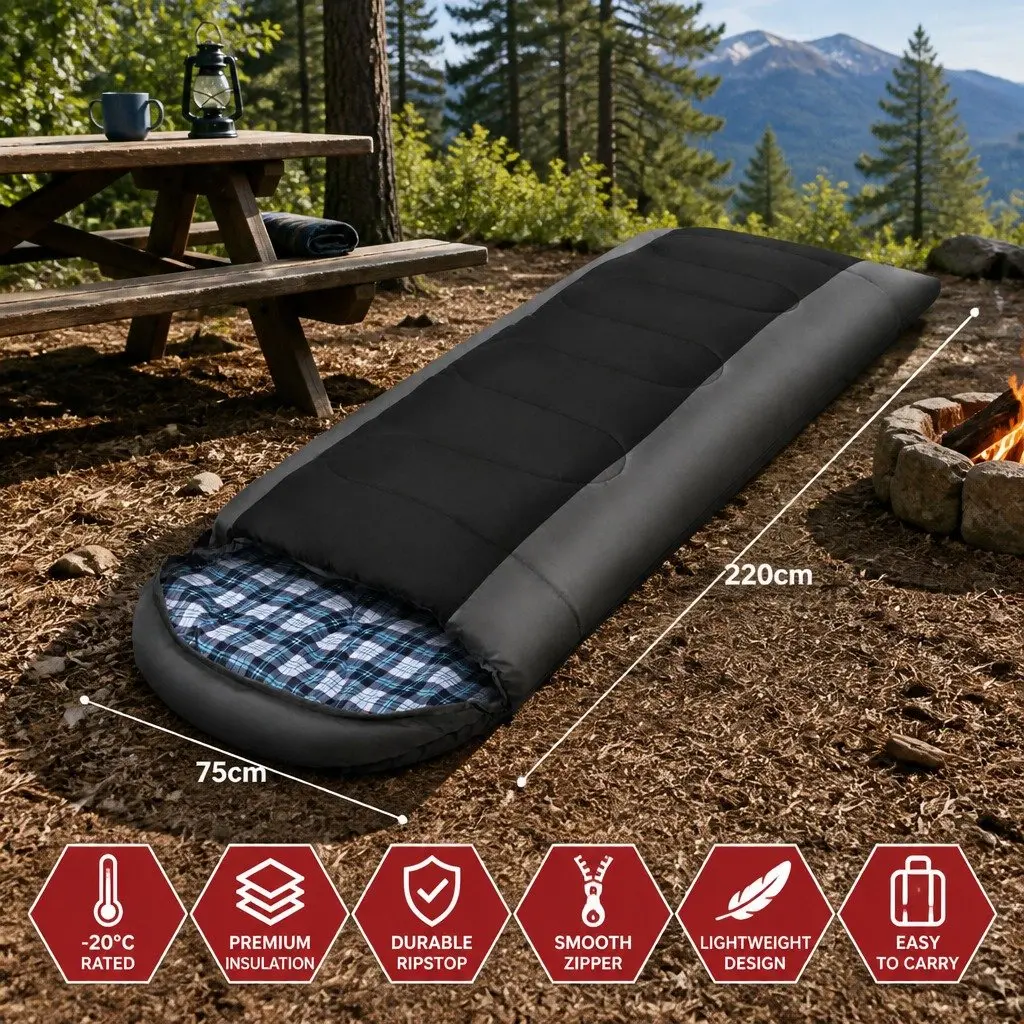 Single Sleeping Bag Waterproof Thermal -20°C Black Grey