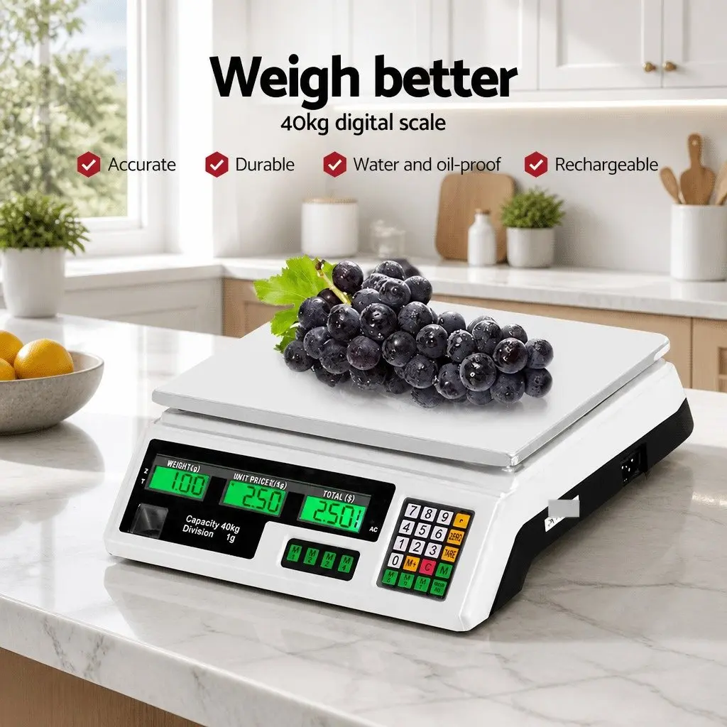 Digital Kitchen Scales 40kg Accurate Weighing Stainless Steel Platform White LCD Display