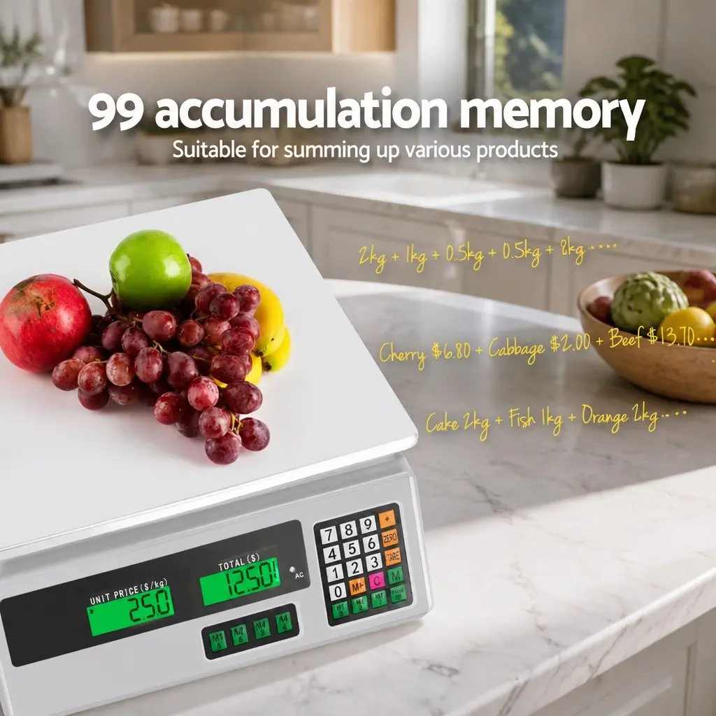 Digital Kitchen Scales 40kg Accurate Weighing Stainless Steel Platform White LCD Display