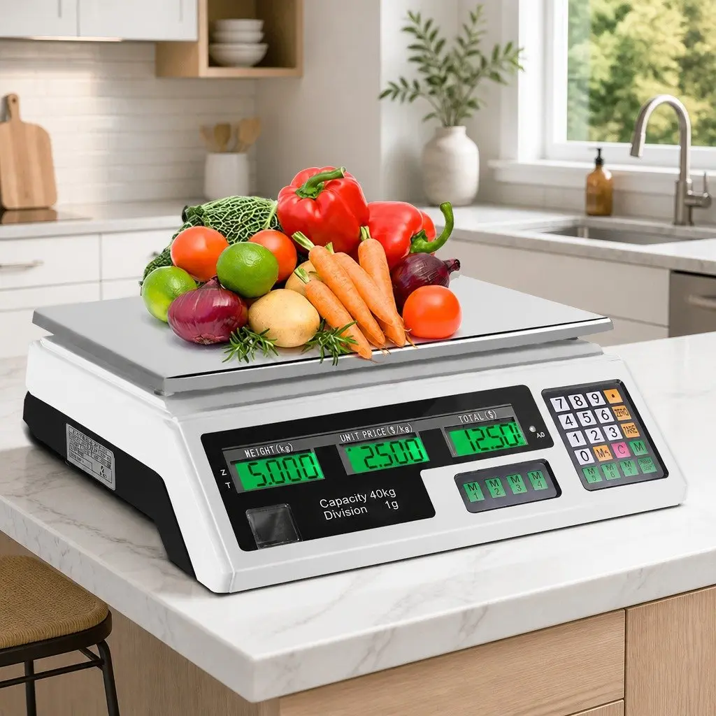 Digital Kitchen Scales 40kg Accurate Weighing Stainless Steel Platform White LCD Display