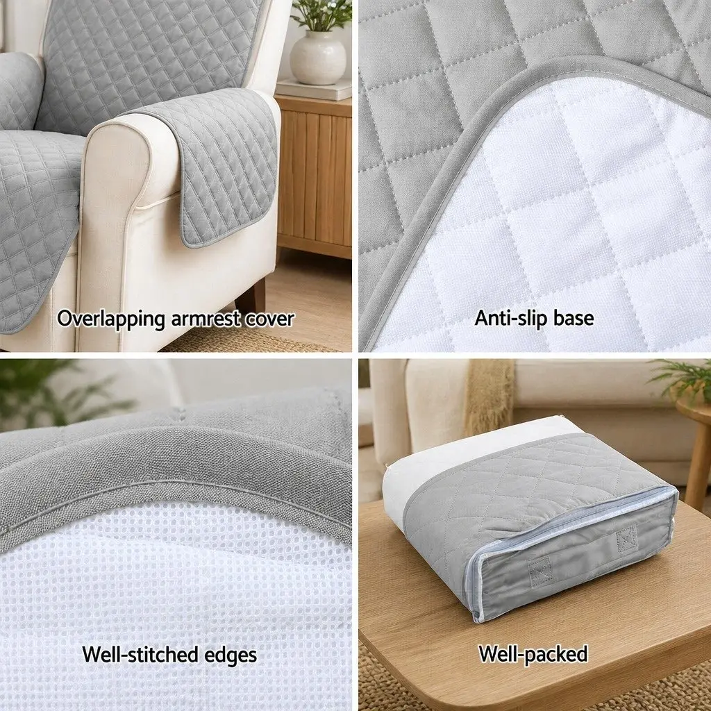 Sofa Cover 3 Seater Diamond Quilted Grey Anti-Scratch Microfibre Couch Protector