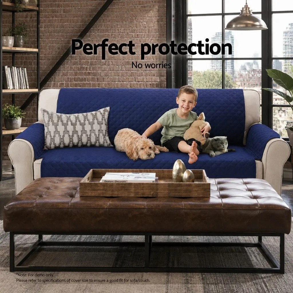 3 Seater Sofa Cover Quilted Microfibre Navy Anti-Slip