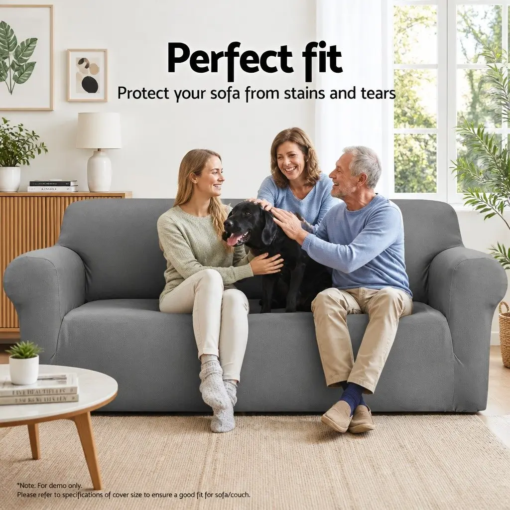 4 Seater Sofa Cover Stretch Knitted Fabric Grey Couch Protection Easy Install