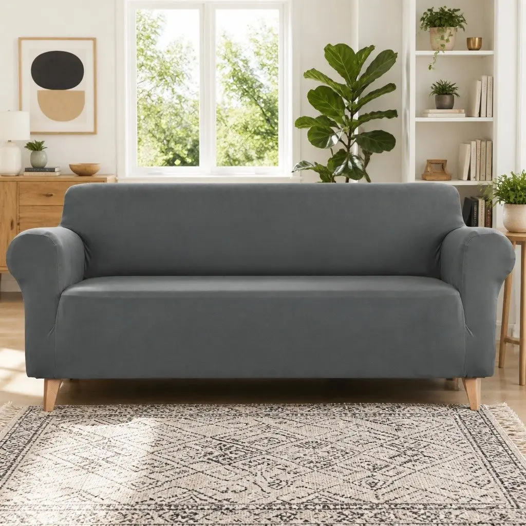 4 Seater Sofa Cover Stretch Knitted Fabric Grey Couch Protection Easy Install