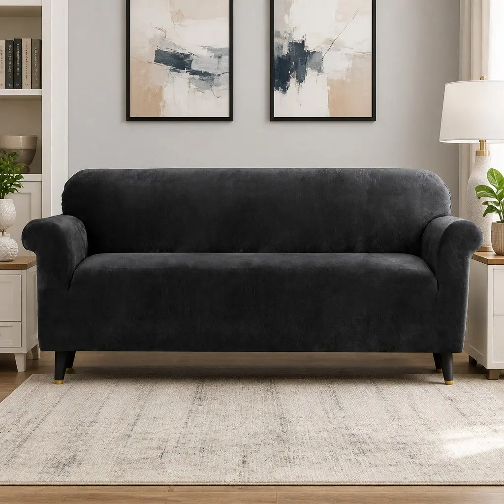 4 Seater Sofa Cover Stretch Elastic Black Velvet Couch Protector Machine Washable