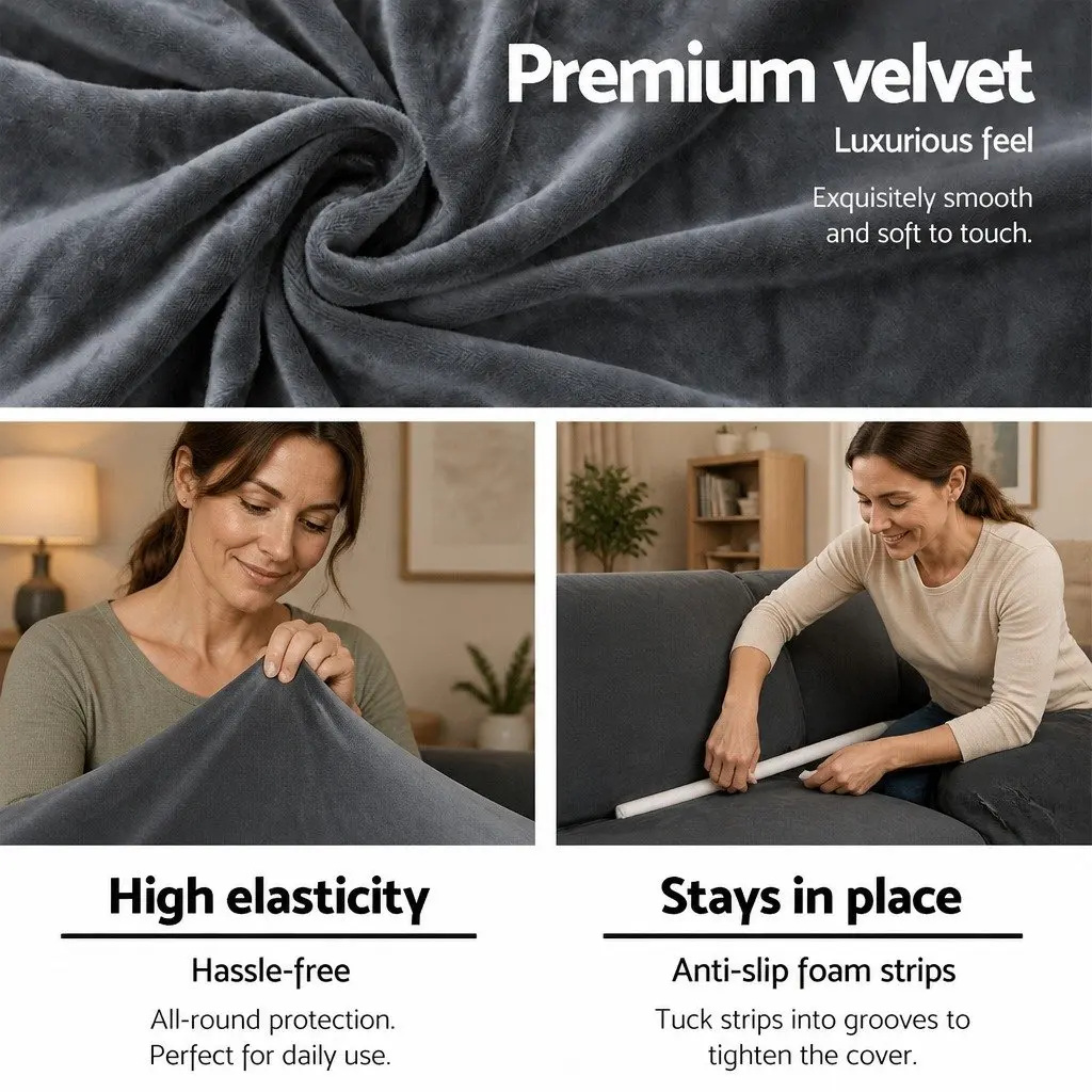 4 Seater Sofa Cover Velvet Protector Grey Stretchable Anti-slip Elastic
