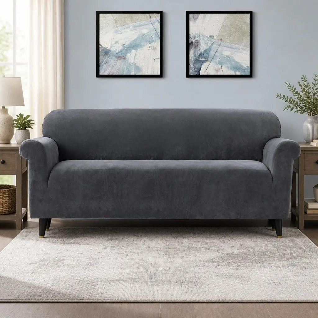 4 Seater Sofa Cover Velvet Protector Grey Stretchable Anti-slip Elastic