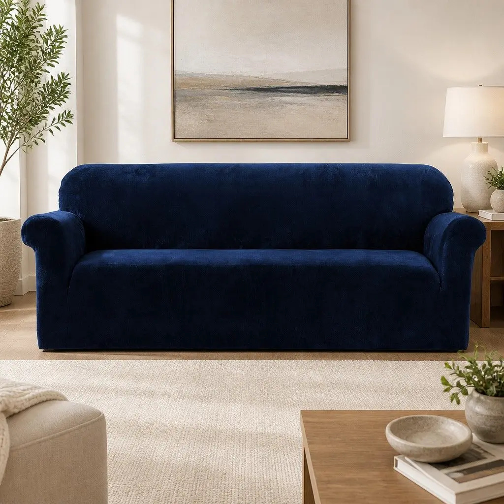 4 Seater Sofa Cover Velvet Couch Protector Navy Blue Stretchable Anti-Slip