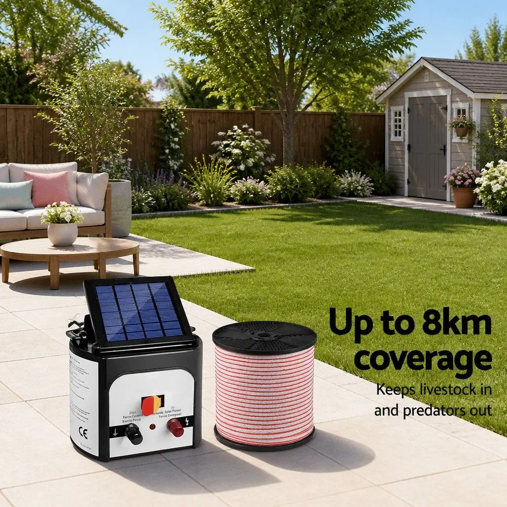 Solar Electric Fence Energiser 8km 0.3J Output Monocrystalline Solar Panel Waterproof Polytape Red and White 25 Post Insulators