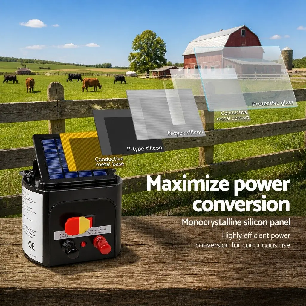 Solar Electric Fence Energiser 3KM Livestock Control Kit Monocrystalline Solar Panel Waterproof Black