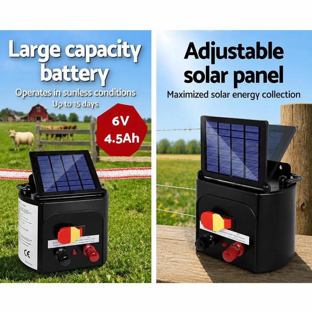 Solar Electric Fence Energiser 3KM Livestock Control Kit Monocrystalline Solar Panel Waterproof Black