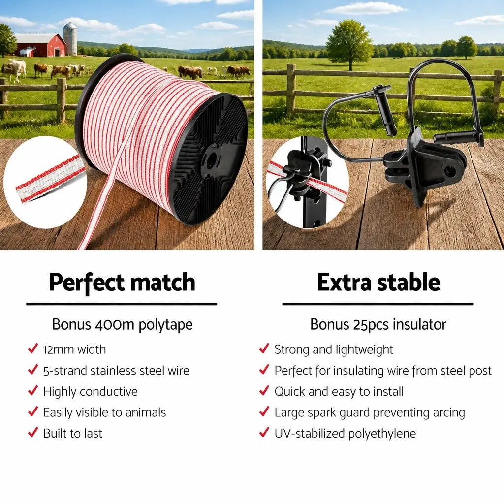 Solar Electric Fence Energiser 3KM Livestock Control Kit Monocrystalline Solar Panel Waterproof Black