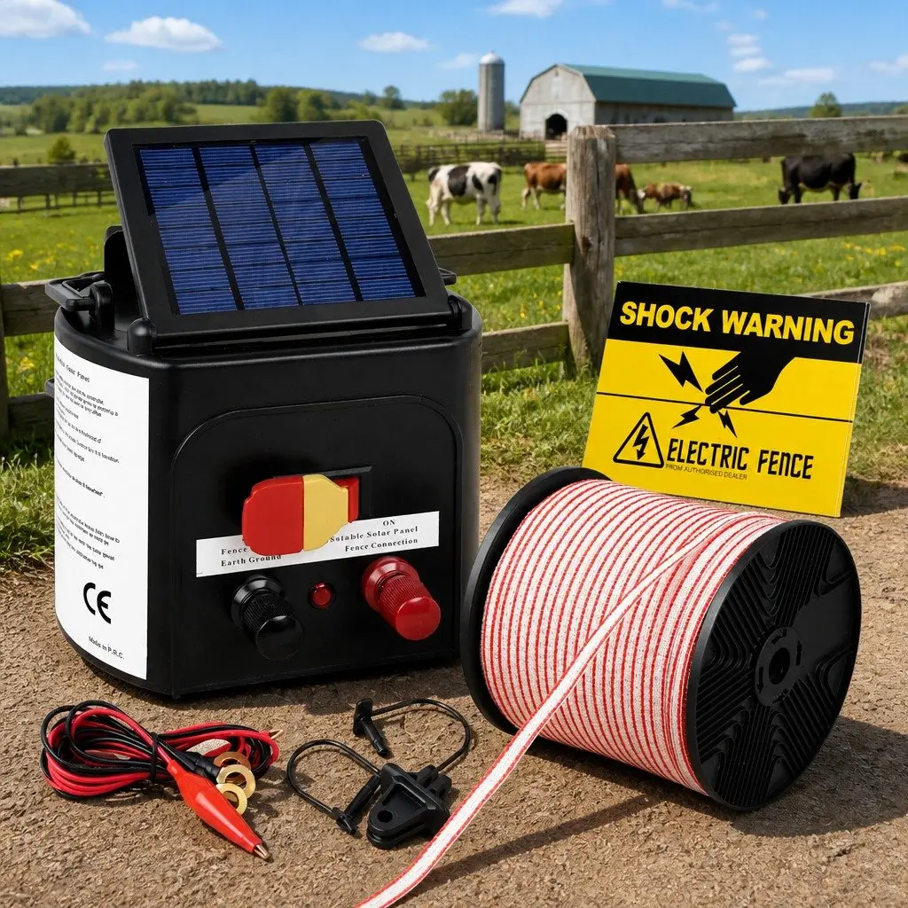 Solar Electric Fence Energiser 3KM Livestock Control Kit Monocrystalline Solar Panel Waterproof Black