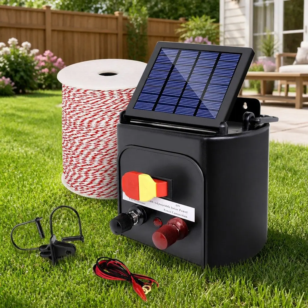Solar Electric Fence Energiser 5km Livestock Pet Control Poly Wire Insulators