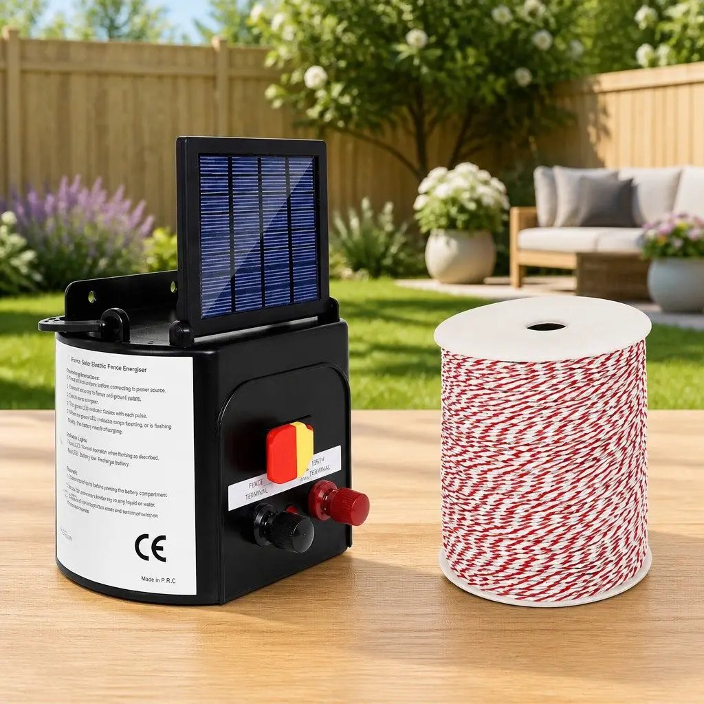 Solar Electric Fence Energiser 5km Livestock Pet Control Poly Wire Insulators