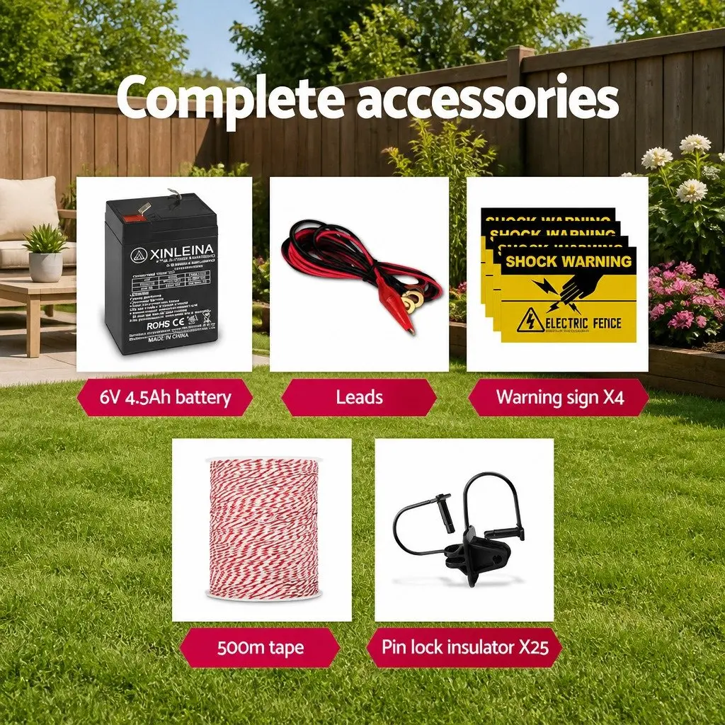 Solar Electric Fence Energiser 5km Livestock Pet Control Poly Wire Insulators