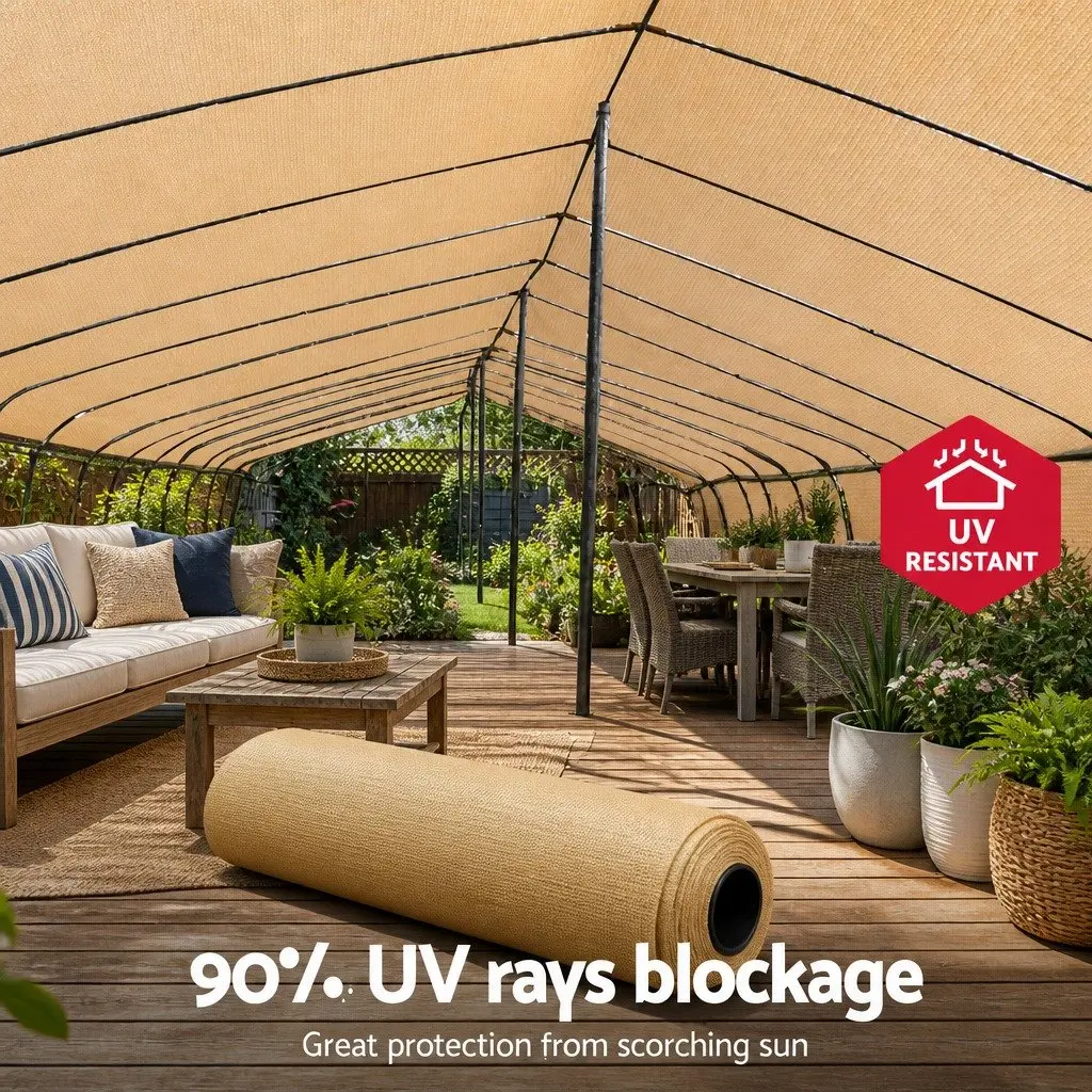 Shade Cloth 90% UV Block Heavy Duty 1.83m x 10m Beige Mono-tape Knitted Fabric Outdoor Garden Shadecloth